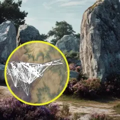 Gigantescos megalitos en España, rodeados de brezo morado, con un círculo amarillo que muestra una red de puntos y líneas sobre un paisaje topográfico.