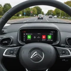 Tableau de bord d'une Citroën C3, affichant le menu du système multimédia. Une option pour réinitialiser la direction assistée électrique est visible.