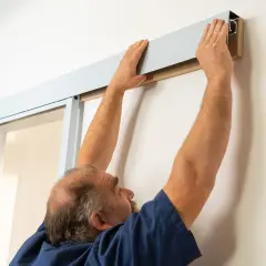 Un homme installe le rail supérieur pour une pose de porte coulissante.