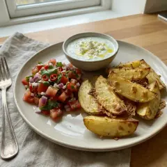 En tallrik med ugnsrostad potatis, färsk tomatsalsa och en krämig dipp. Perfekt för en härlig grillkväll!
