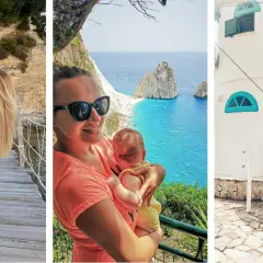Grecja ciekawostki dla dzieci: mama z dziećmi na tle pięknych krajobrazów i wiatraka.