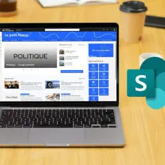 Un ordinateur portable affiche un intranet SharePoint, "Le petit Nexus", avec des articles sur la politique et des événements. Le logo de SharePoint est à côté.