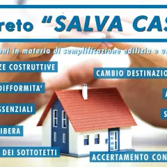 Decreto "SALVA CASA" con un modello di casa protetto da mani. Elenca semplificazioni edilizie: tolleranze, sanatorie, agibilità.