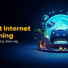 Experience instant internet and gaming with ultra-low latency. A controller sits on a platform surrounded by floating game elements, symbolizing zero lag.