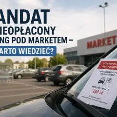Mandat za nieopłacony parking pod marketem. Na szybie samochodu wezwanie do zapłaty 250 zł za parkowanie.