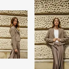 Elegancka beżowa marynarka męska w stylizacjach z jedwabną spódnicą. Klasyka i nowoczesność w jednym.