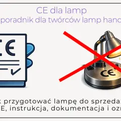 Poradnik o certyfikacji CE dla lamp handmade. Pokazuje książkę z symbolem CE i lampę z przekreśleniem, sugerując, że nie spełnia norm.