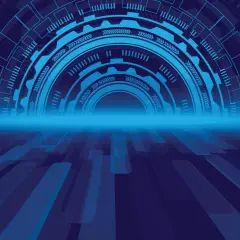 Futurystyczny tunel z niebieskimi liniami, przypominający efekt **generative fill** w grafice cyfrowej.