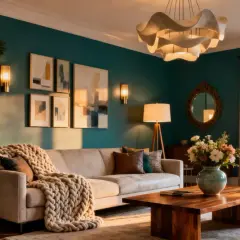 A cozy living room with a plush sofa, chunky knit throw, and abstract art. This space shows how to decorate a room with warm lighting and natural elements for a serene atmosphere.