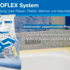 OTTOFLEX System: flächige Abdichtung unter Fliesen. Verschiedene Produkte wie Primer, Flüssigfolie und Manschetten für eine geprüfte Systemlösung.