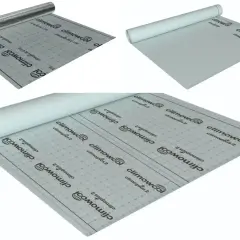 Rolki materiału budowlanego, w tym paroizolacja z nadrukiem "climowool".