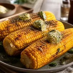 Drei gegrillte Maiskolben mit Kräuterbutter, perfekt zum mais kochen.
