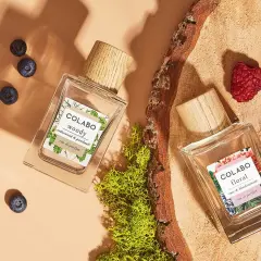 Dwa flakony perfum COLABO: "woody" z jagodami i "floral" z maliną, otoczone mchem i drewnem.