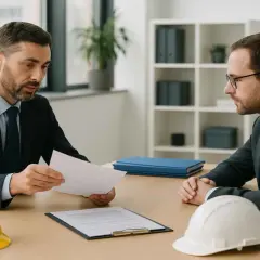 Due uomini d'affari discutono documenti. Sul tavolo, elmetti gialli e bianchi, simboli della sicurezza sul lavoro. Il responsabile del servizio di prevenzione e protezione viene nominato dal datore di lavoro.