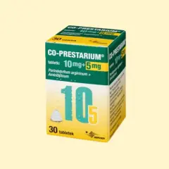 Opakowanie leku co prestarium 5+5, zawierające 30 tabletek. Widoczna nazwa leku, dawka 10mg+5mg oraz składniki aktywne.