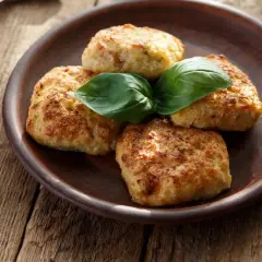 Quattro polpette di zucchine e patate dorate, guarnite con basilico fresco, su un piatto di terracotta.
