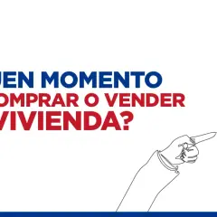 ¿Es buen momento para comprar vivienda? Un dedo señala un gran signo de interrogación rojo. Logo de RE/MAX.