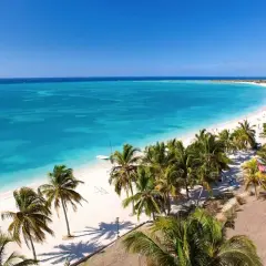 Playa caribeña con palmeras y aguas turquesas, un paraíso antes de la época de huracanes en Cuba.