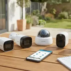 Ensemble de caméras de vidéosurveillance intelligente Vicelers sur une table en bois, avec un smartphone affichant l'application de contrôle.