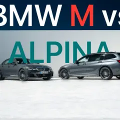 Dwa sportowe BMW: sedan i kombi, z napisem "ALPINA" w tle.