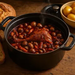 Un plat fumant de coq au vin, avec des champignons et des carottes, servi avec du pain croustillant et des pommes de terre.