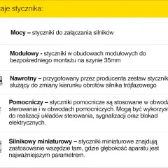 Różne rodzaje styczników: Mocy do silników, modułowe, nawrotne do zmiany kierunku obrotów, pomocnicze i miniaturowe.