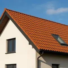Nowoczesny projekt dachu dwuspadowego z czerwonej dachówki, z oknem połaciowym i białymi ścianami.