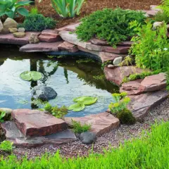 Beautiful backyard pond ideas with layered red rocks, lush greenery, and water lilies.