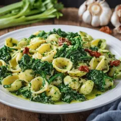 Orecchiette con cime di rapa, un clásico italiano lleno de sabor. La pasta se mezcla con las hojas verdes y trozos de tomate seco.