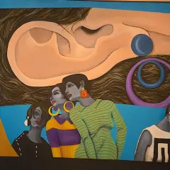A surreal painting by hispanic artists features women with striking jewelry and bold outfits, set against a backdrop of a giant ear and swirling hair.