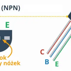 Schemat tranzystora bipolarnego BC546 (NPN) z widokiem od strony nóżek, pokazujący wyprowadzenia kolektora (C), bazy (B) i emitera (E).