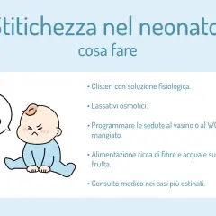 Bambino con espressione sofferente, simbolo di cacca in un fumetto, indica stitichezza neonato. Consigli su come agire.