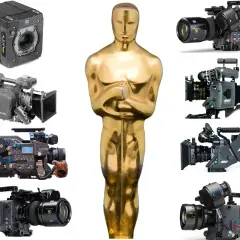 Złoty Oscar i różne kamery filmowe, od starych po nowoczesne, przypominają, kiedy wynaleziono kamerę i jak ewoluowała sztuka filmowa.