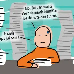 Un homme dit : "Je crois que j'ai tout !" tout en identifiant les défauts des autres, un exemple des inconvénients du modal.