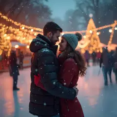 Para zakochanych na lodowisku, otoczona świątecznymi światłami. Idealny moment, by powiedzieć kocham cię.