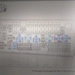 Schemat bezpieczników Opla Vectry C. Szukając, gdzie jest bezpiecznik od nawiewu, zwróć uwagę na zaznaczony czerwonym prostokątem obszar.