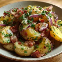 En skål med tysk potatissallad, full av potatis, rödlök, knaperstekt bacon och färsk persilja.
