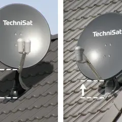 Dwie anteny satelitarne TechniSat na dachu. Wymiana anteny dachowej może wymagać regulacji wysokości mocowania.
