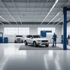 En tekniker dammsuger en Volvo i en ren verkstad. Få ett bra volvo service pris här.
