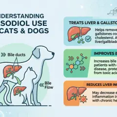 Infographic on ursodiol for dogs and cats, detailing its use in treating liver/gallstone issues, improving bile flow, and reducing liver inflammation.