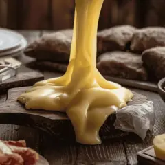 Un fromage fondu coule sur une planche en bois, prêt pour une raclette savoyarde. Accompagné de pain, charcuterie et pommes de terre.