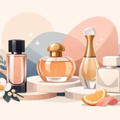 Eleganckie flakony perfum, każdy z własnym esprit, otoczone delikatnymi kwiatami i owocami.