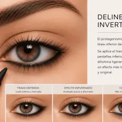 Ojo con delineado invertido aplicado en la línea inferior, mostrando diferentes acabados: definido, difuminado y con color.