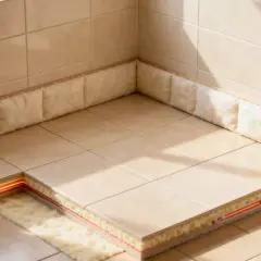 Coupe d'un sol carrelé montrant l'isolation sous carrelage avec un système de chauffage intégré, pour un confort optimal.