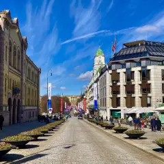 Słoneczny dzień na Karl Johans gate w Oslo. Brukowana ulica z rzędami kwietników prowadzi do Pałacu Królewskiego.