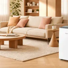 Un deshumidificador blanco Deye en una sala de estar moderna, junto a un sofá y mesa de centro. Aprende como usar deshumidificador para un hogar más confortable.