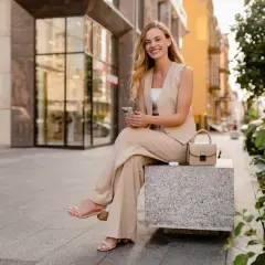 Uśmiechnięta kobieta w beżowym garniturze w stylu casual siedzi na ławce, trzymając telefon. Obok niej torebka i słuchawki.