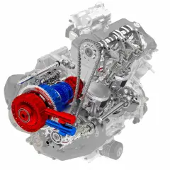 Przekładnia dwusprzęgłowa (DCT) w przekroju, z czerwonymi i niebieskimi elementami podkreślającymi jej mechanizm.