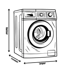 Illustration d'une machine à laver avec des flèches indiquant la hauteur, la largeur et la profondeur.