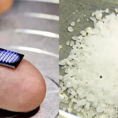 Mikroprocesor, najmniejszy komputer na świecie, wielkości ziarnka soli. Obok niego stos kryształków soli, by pokazać jego miniaturowe rozmiary.